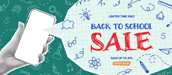 Discount Background Back School Sale Vector Collage Halftone Hand Holding — Stock Vector