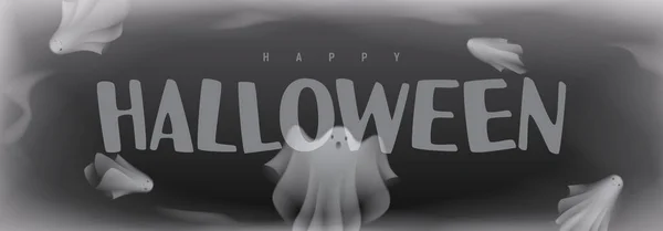 Feliz Fiesta Halloween Ilustración Vectorial Con Fantasmas Voladores Niebla Transparente — Archivo Imágenes Vectoriales