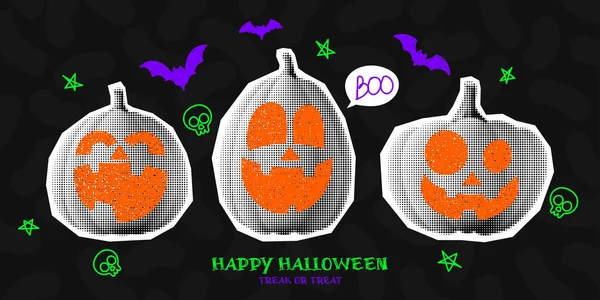 Joyeux Halloween Bannière Vacances Citrouilles Demi Teintes Avec Gribouillis Illustration — Image vectorielle