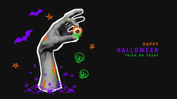 Joyeux Halloween Bannière Vacances Demi Ton Zombie Main Sort Sol — Image vectorielle