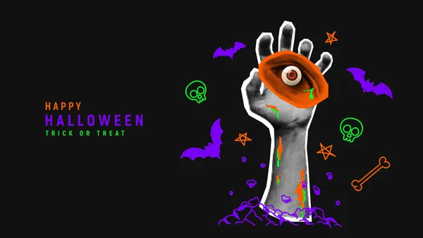 Modèle Bannière Vacances Halloween Demi Ton Zombie Main Détache Sol — Image vectorielle