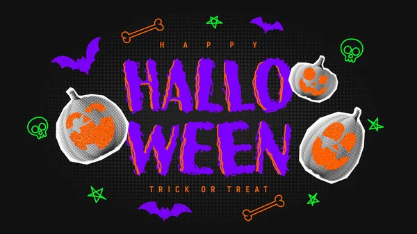 Joyeux Halloween Bannière Vacances Citrouilles Demi Tons Avec Gribouillis Illustration — Image vectorielle