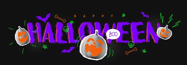 Horizontales Halloween Feiertagsbanner Halbtonkürbisse Mit Kritzeleien Trendige Vektorillustration Collage Stil — Stockvektor