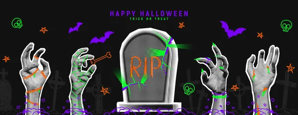 Joyeux Halloween Bannière Vacances Demi Ton Zombie Momies Mains Sortir — Image vectorielle