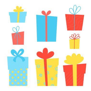 Dekoratif hediye kutuları. Dekorasyon, bayram afişleri, posterler, el ilanları ve kart için renkli hediye kutuları koleksiyonu. Beyaz arkaplanda izole edilmiş hediyeler.