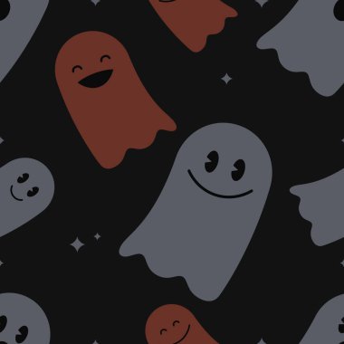 Cadılar Bayramı dekorasyonu için kusursuz desen. Siyah arka planda yıldızlı sevimli uçan hayaletler olan vektör illüstrasyonu. Paket, peçete, kart, pankart ve kapak dekorasyonu için düz illüstrasyon.