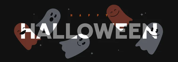 Happy Halloween Holiday Banner Vector Illustration Cute Flying Ghosts Black — Stock Vector