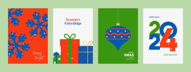 Mutlu yıllar posterleri seti. Modern minimalist Yeni Yıl broşürlerinin düz stili ile vektör illüstrasyonu. Noel ve Yeni Yıl için tebrik kartları, posterler, kapaklar.