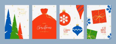 Mutlu yıllar posterleri seti. Modern minimalist Yeni Yıl broşürlerinin düz stili ile vektör illüstrasyonu. Noel ve Yeni Yıl için tebrik kartları, posterler, kapaklar.
