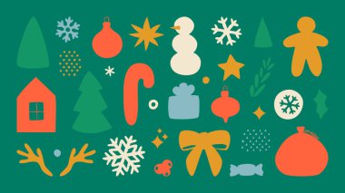 Noel 'de çizilmiş elementler. Modern el çizimi Noel eşyaları ile vektör illüstrasyonu. Noel ve Yeni Yıl dekorasyonu için eski dekoratif unsurlar koleksiyonu, afiş, kart, poster.