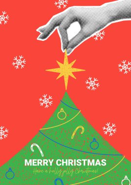 Mutlu Noeller poster şablonu. Yarım tonlu bir illüstrasyon Noel yıldızını köknar ağacına yerleştiriyor. Dekorasyon için Noel afişi. Bayram kutlamaları, partiler, elle çizilmiş kartlar..