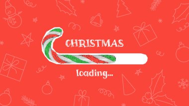 Noel yükleme konsepti afişi. Çizgili kırmızı ve yeşil şeker kamışlı vektör çizimi ve kırmızı arka planda Noel yükleme yazısı. Noel kartı..