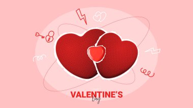 Sevgililer Günü afişleriniz kutlu olsun. Yarım tonlu kırmızı kalpler aşkı simgeler. Sevgililer günü ve el çizimi karalamaların sembolleriyle kolaj. Pankartlar, posterler, kartlar için vektör illüstrasyonu.