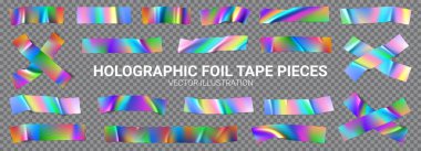 Set of holographic foil tape pieces. Vector illustration with 3d realistic iridescent rainbow colored adhesive tapes. Duct tape with glossy metallic effect. Rainbow wrinkled strips for collage. clipart