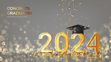 Mezuniyet 2024 için pankart tasarımı. 2024 sınıfı. Mezuniyet şapkası ve konfetiyle altın rakamlar. Tebrikler 2024 mezunları. Etkili derece seremoni tasarımı için vektör illüstrasyonuName. 