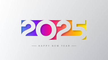 2025 Mutlu Yıllar pankartı. Renkli 2025 sayılı vektör illüstrasyonu modayı takip ediyor. Dekorasyon posteri, kutlama, kapak, satış için gri arkaplan üzerine yeni yıl bayramı sembolü şablonu.