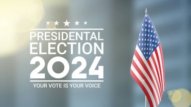2024 başkanlık seçimleri için reklam pankartı. ABD bayrağı şehrin bulanık arka planında duruyor. Oylama günü, 5 Kasım. ABD Seçim 2024 kampanyası için vektör illüstrasyonu. ABD başkanlık seçimi 2024.
