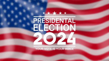 2024 başkanlık seçim tanıtım pankartı. ABD başkanlık seçimleri 2024 sancağında bulanık Amerikan bayrağı sallanıyor. Oylama günü, 5 Kasım. ABD Seçim 2024 kampanyası için vektör illüstrasyonu.