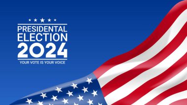 2024 başkanlık seçim geçmişi. Mavi arka planda ABD bayrağı dalgalanıyor. ABD Seçim 2024 kampanyası için vektör illüstrasyonu. ABD başkanlık seçimi 2024. Seçim oylaması reklamı. Oylama günü, 5 Kasım.