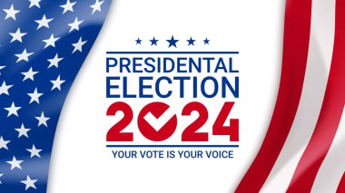2024 başkanlık seçim pankartı şablonu. ABD Seçim 2024 kampanyası için ABD bayrağıyla vektör illüstrasyonu. ABD başkanlık seçimi 2024. Seçim sancağında. Oylama günü, 5 Kasım. 