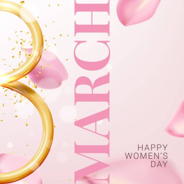 8 Mart için kutlama kartı. Uluslararası Kadınlar Günü kartı. 8 Mart için son moda vektör pankartı. Altın numara 8, konfeti, gül yaprakları. Uluslararası Kadın Günü 'nün 3D sembolü parti, reklam, satış.