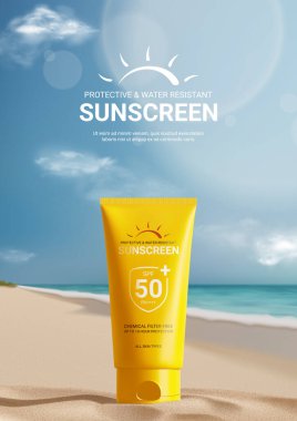 Güneş kremi reklam şablonu. Sahildeki kumsalda güneş kremi ve arka planda güneşli deniz kıyıları olan bir broşür. Yaz ürünleri ve kozmetik ürünlerinin tanıtımı için 3d vektör reklamı.