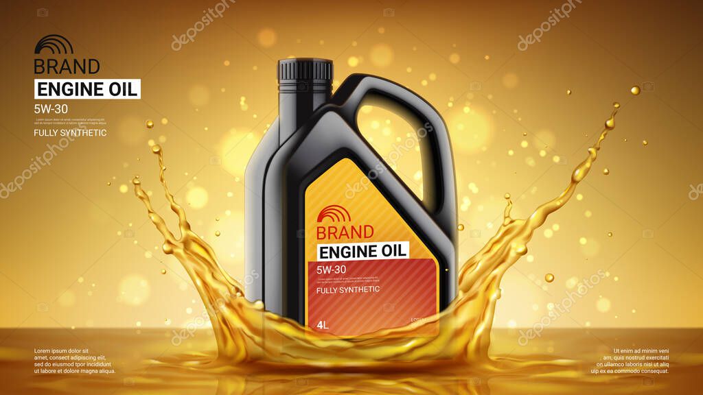 Engine oil advertising banner. 3d vector illustration with canister of engine oil in splash of engine oil on bright background. Template of ad banner. Full synthetic and protection motor oil.
