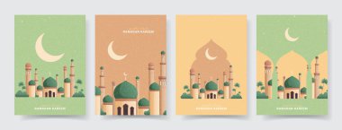 Ramazan Kareem için modaya uygun posterler. Camii, yıldızları ve pastel renklerde hilal olan vektör illüstrasyonu. Kutsal Ramazan ayı. İslam bayramı için modern el ilanları. Arapça metin çevirisi Ramazan Kareem.