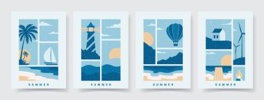 Deniz manzaralı bir dizi yaz posteri. Dekorasyon için minimalist düz stil kartları yaz seyahati, tatil, tatil. Deniz ve göl kıyıları, dağlar, palmiyeler, güneş olan vektör kartları. Moda kapakları.