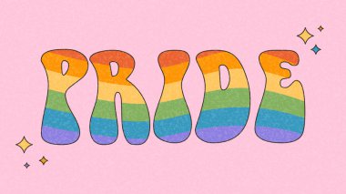 Gurur Ayı için harika bir pankart. Retro gökkuşağı bayraklı vektör arkaplanı. LGBTQ Bayrak Renkleri ile Gurur Ayının Sembolleri. Eşcinsel geçit töreni harika bir kutlama. Vektör illüstrasyonu.