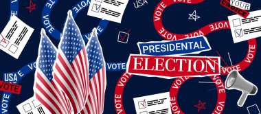 2024 ABD başkanlık seçimleri için tanıtım kolajı. Hoparlörlü vektör pankartı, Amerikan bayrakları ve kolaj malzemeleri. ABD Seçim 2024 kampanyası için kolaj. Oylama günü, 5 Kasım.