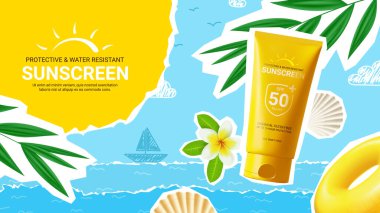 Reklam amaçlı güneş kremi reklamı. Kolaj malzemeli pankart, güneş kremi, deniz kabuğu, yaprak, yırtık kağıt ve karalama. Yaz ürünleri ve kozmetik ürünlerinin tanıtımı için vektör illüstrasyon.
