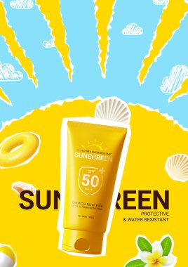 Güneş kremi reklamı. Güneş kremi, deniz kabuğu, yaprak, yırtık kağıt ve karalamalı kolaj malzemeleri olan bir poster. Yaz ürünleri ve kozmetik ürünlerinin tanıtımı için vektör illüstrasyon.