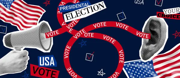 Collage Zur Präsidentschaftswahl 2024 Vektor Banner Mit Halber Hand Lautsprecher — Stockvektor