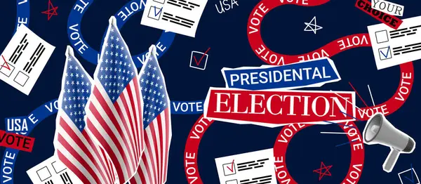 Promo Collage Zur Präsidentschaftswahl 2024 Vektorbanner Mit Halbtonlautsprecher Usa Flaggen — Stockvektor