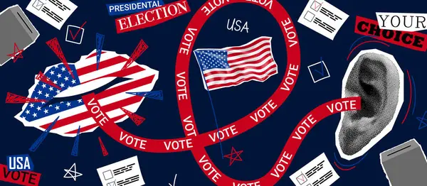 Collage Zur Präsidentschaftswahl Vektor Banner Mit Papierlippen Farbige Flaggen Die — Stockvektor