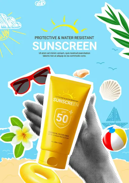 Werbeplakat Zur Förderung Sonnencreme Flyer Mit Collage Artikeln Mit Sonnencreme — Stockvektor