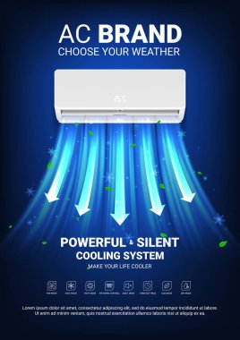 Ad poster of air conditioner. Realistic vector illustration with air conditioner with cold fresh air wind wave with leaves. Modern split system climate control for home. Product mockup concept. clipart