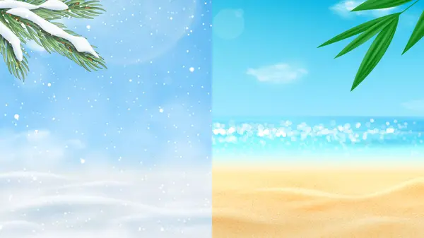 Inverno Verão Comparação Estações Banner Ilustração Vetorial Deserto Inverno Com Gráficos De Vetores