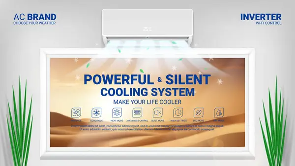 Werbebanner Der Klimaanlage Realistische Vektorillustration Mit Klimaanlage Zimmer Mit Fenster Vektorgrafiken