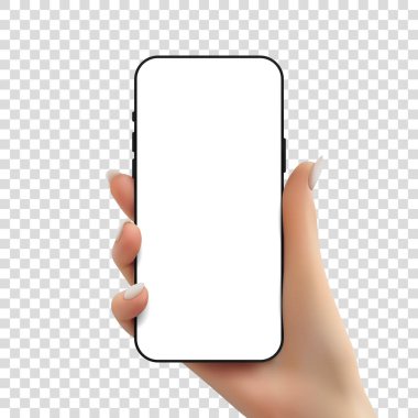 Kadının elindeki telefonun şablonu. Kadın elinde boş ekranlı akıllı pone ile gerçekçi bir vektör çizimi. Arkaplanda el ele tutuşan telefon izole edildi.