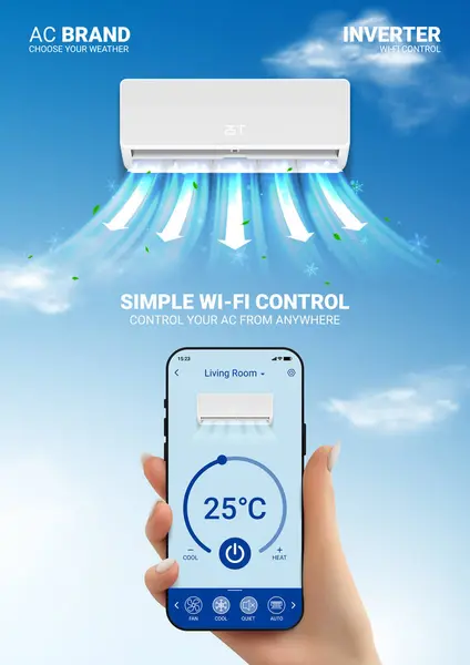 冷气机广告海报 用无线网络遥控交流的概念 空调矢量图解和妇女手持电话应用于空调远程控制 矢量图形