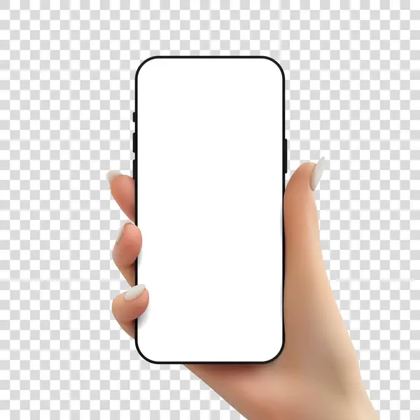 女人手里拿着电话模板现实的矢量说明与聪明的与空屏幕在妇女手中 在可检查的背景下隔离手持电话 图库插图