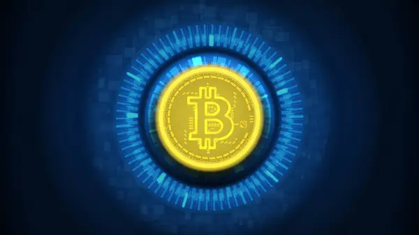 Bitcoin Cryptocurrency Koncept Banner Futuristisk Vektor Illustration Med Glödande Bitcoin Stockvektor