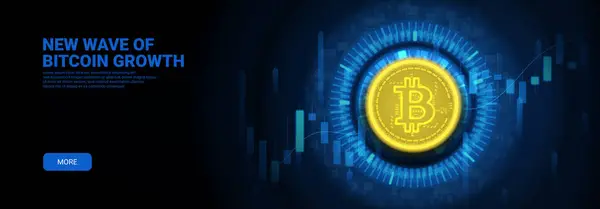 ビットコインと横のコンセプトバナー ビットコイン 抽象的なデジタル要素 キャンドルチャートを輝かせるベクターバナー 仮想通貨取引所で取引する 仮想仮想通貨コンセプト ロイヤリティフリーのストックイラスト