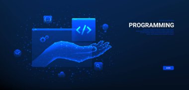 İnternet ve uygulama geliştirme kavramı. Bilgi teknolojileri, bilgisayar mühendisliği veya kodlama, yazılım veya oyun geliştirme. Programlama pencereleri ve kodlama sembolleriyle çokgen vektör çizimi.