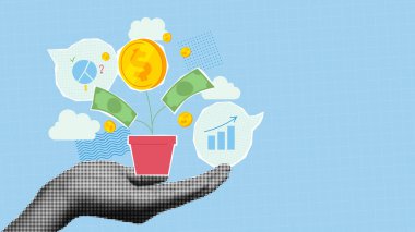 Yatırım ya da finansal büyüme kavramı. Zenginlik kar artışı, kazanç artışı, kazanç artışı ve sermaye kazancı. Büyüyen para fabrikasını elinde tutan işadamlarıyla vektör kolajı. 