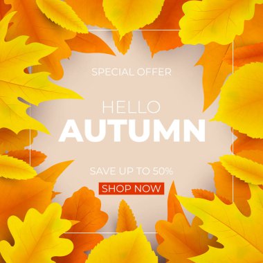 Sonbahar indirimli arka plan tasarımı. Renkli yapraklı vektör çizimi. Dekorasyon için parlak sonbahar afişi mevsimlik indirim teklifi, reklam, poster, broşür, web, sosyal medya.
