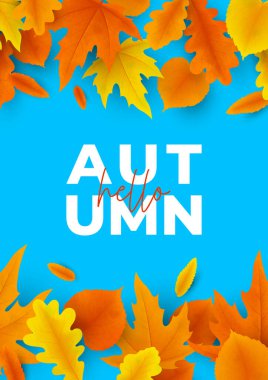 Parlak sonbahar broşürünün tasarımı. Mavi arka planda renkli yaprakları olan vektör çizimi. Dekorasyon için sonbahar afişi mevsimlik indirim teklifi, reklam, poster, afiş, web, sosyal medya.