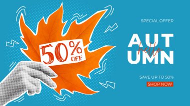 Sonbahar satışının vektör kolajı. Elleri parlak akçaağaç yaprağı tutan vektör çizimi. Dekorasyon için parlak sonbahar afişi mevsimlik indirim teklifi, reklam, poster, broşür, web, sosyal medya.